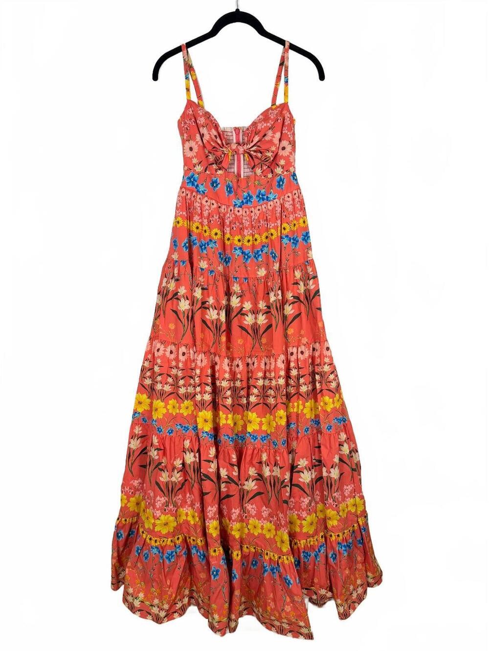 Cara Cara Delilah Maxi Dress Flowerbox Coral Floral Tiered Cotton Poplin Size XS